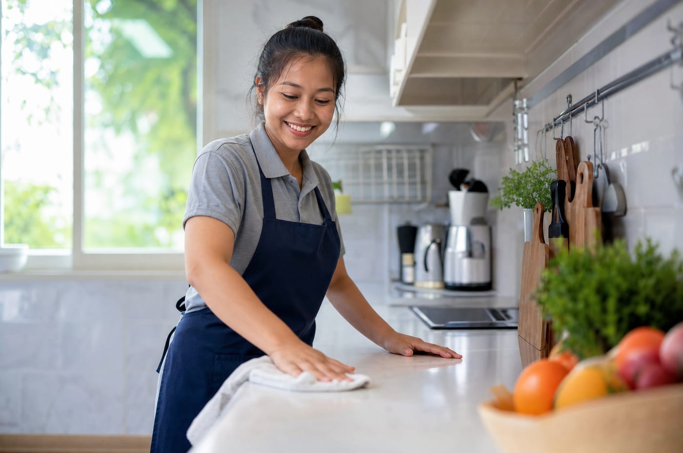 A helper preparing a healthy meal in a Singapore kitchen